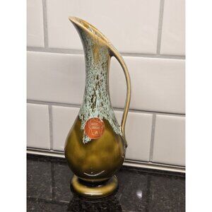 Vintage USA Drip Glaze Pottery Ewer Vase Olive Green Aqua MCM 9” Pitcher